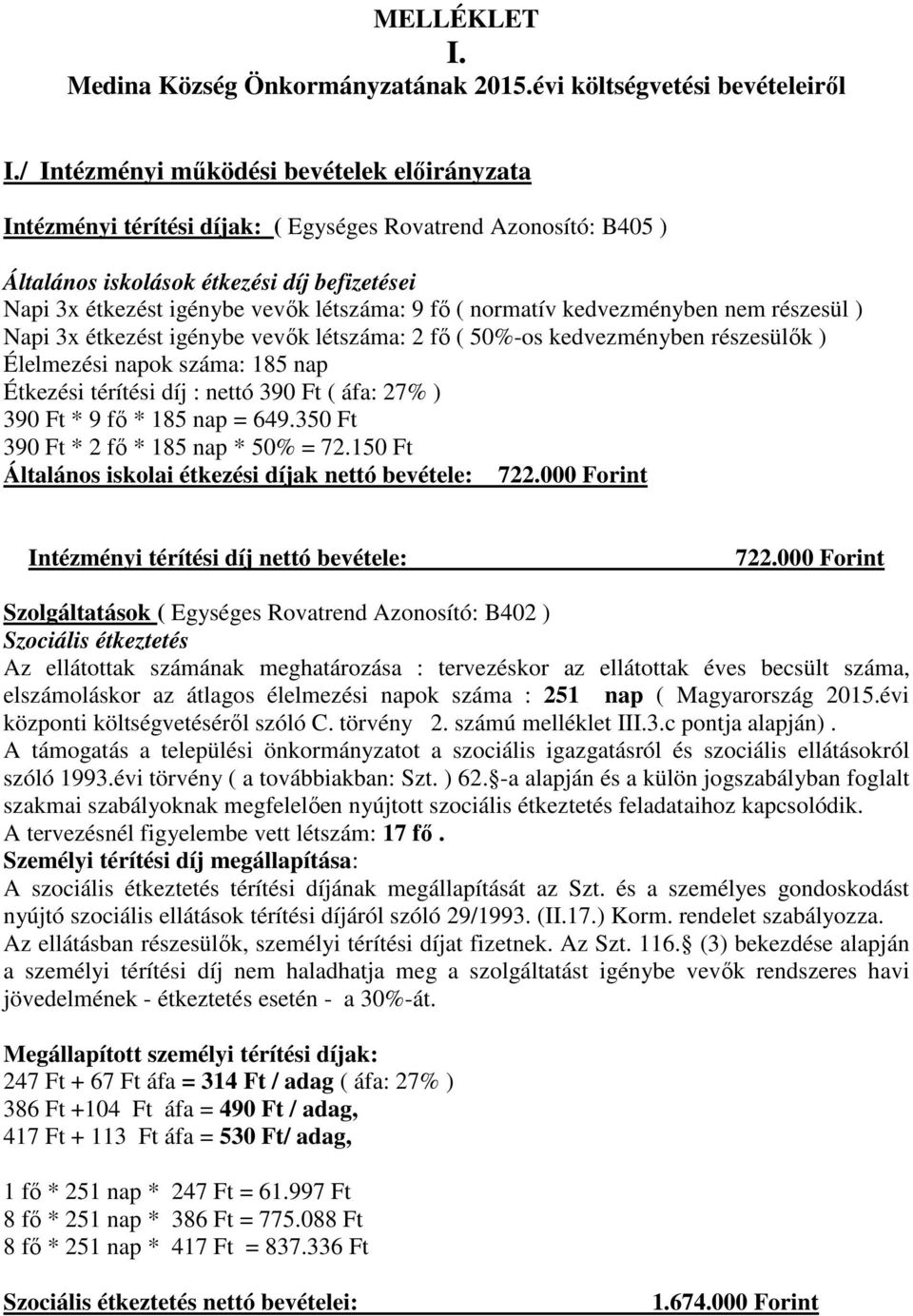 fő ( normatív kedvezményben nem részesül ) Napi 3x étkezést igénybe vevők létszáma: 2 fő ( 50%-os kedvezményben részesülők ) Élelmezési napok száma: 185 nap Étkezési térítési díj : nettó 390 Ft (