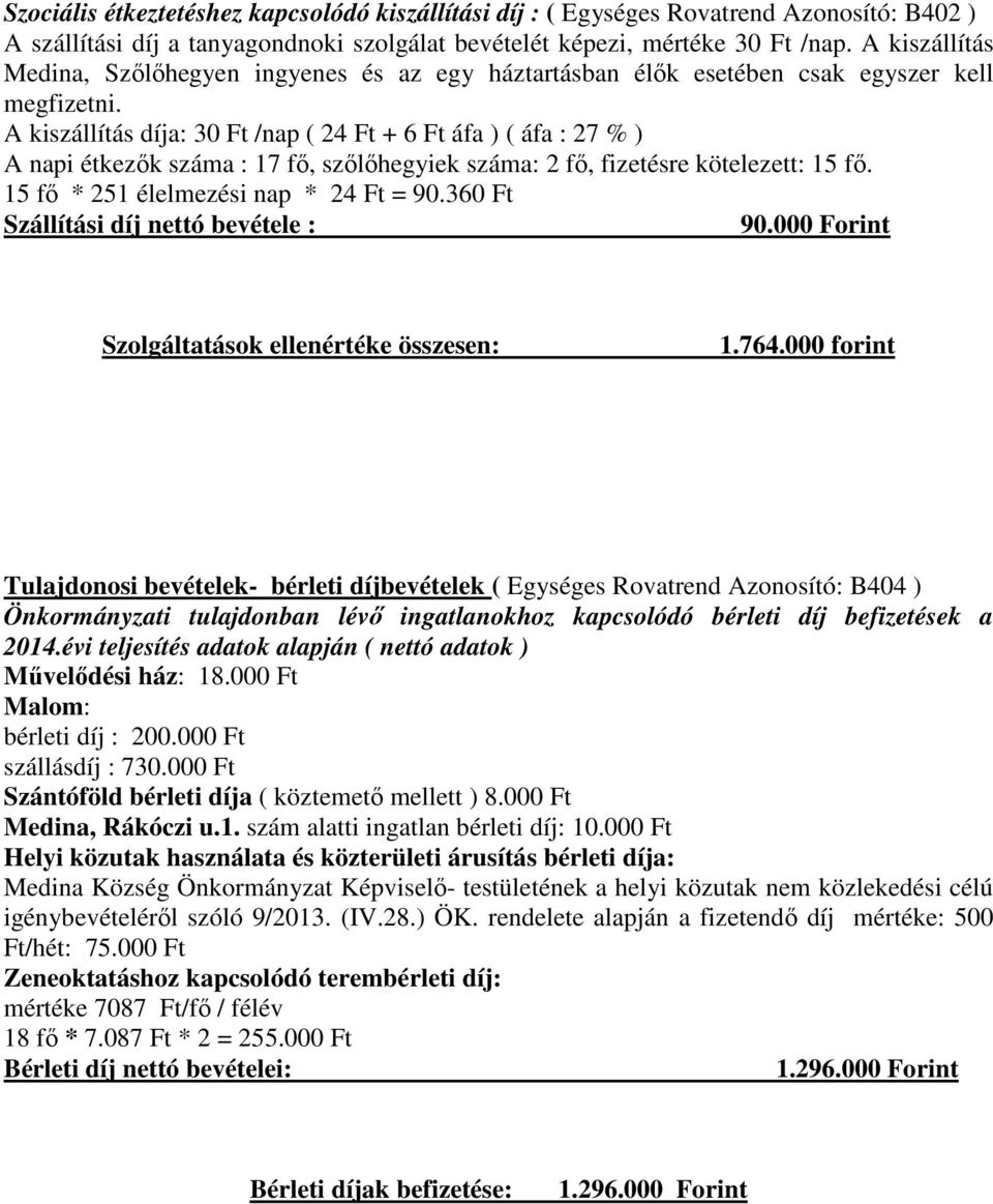 A kiszállítás díja: 30 Ft /nap ( 24 Ft + 6 Ft áfa ) ( áfa : 27 % ) A napi étkezők száma : 17 fő, szőlőhegyiek száma: 2 fő, fizetésre kötelezett: 15 fő. 15 fő * 251 élelmezési nap * 24 Ft = 90.