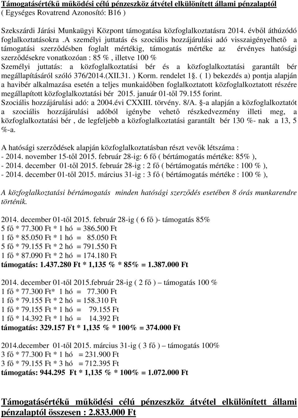 a személyi juttatás és szociális hozzájárulási adó visszaigényelhető a támogatási szerződésben foglalt mértékig, támogatás mértéke az érvényes hatósági szerződésekre vonatkozóan : 85 %, illetve 100 %