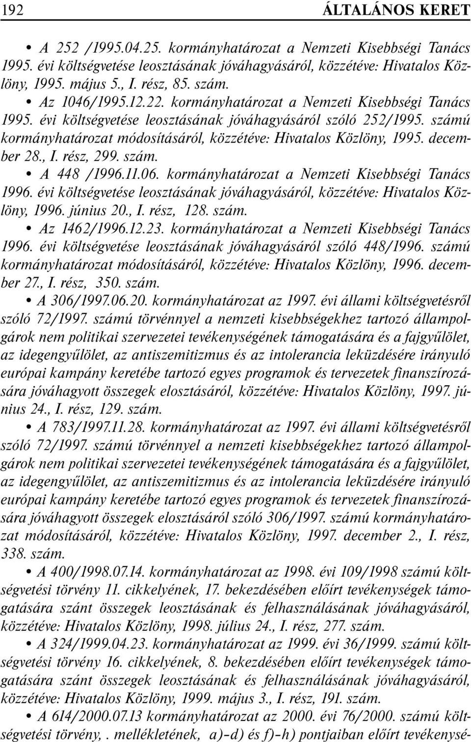 számú kormányhatározat módosításáról, közzétéve: Hivatalos Közlöny, 1995. december 28., I. rész, 299. szám. A 448 /1996.11.06. kormányhatározat a Nemzeti Kisebbségi Tanács 1996.