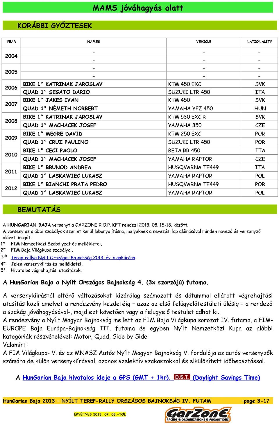 250 EXC POR QUAD 1 CRUZ PAULINO SUZUKI LTR 450 POR BIKE 1 CECI PAOLO BETA RR 450 ITA QUAD 1 MACHACEK JOSEF YAMAHA RAPTOR CZE BIKE 1 BRUNOD ANDREA HUSQVARNA TE449 ITA QUAD 1 LASKAWIEC LUKASZ YAMAHA