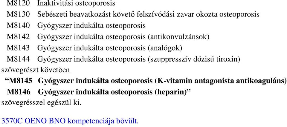 (analógok) M8144 Gyógyszer indukálta osteoporosis (szuppresszív dózisú tiroxin) M8145 Gyógyszer indukálta osteoporosis