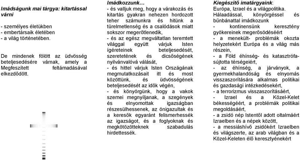 Imádkozzunk - és valljuk meg, hogy a várakozás és kitartás gyakran nehezen hordozott teher számunkra és hitünk a türelmetlenség és a csalódások miatt sokszor megerőtlenedik, - és az egész