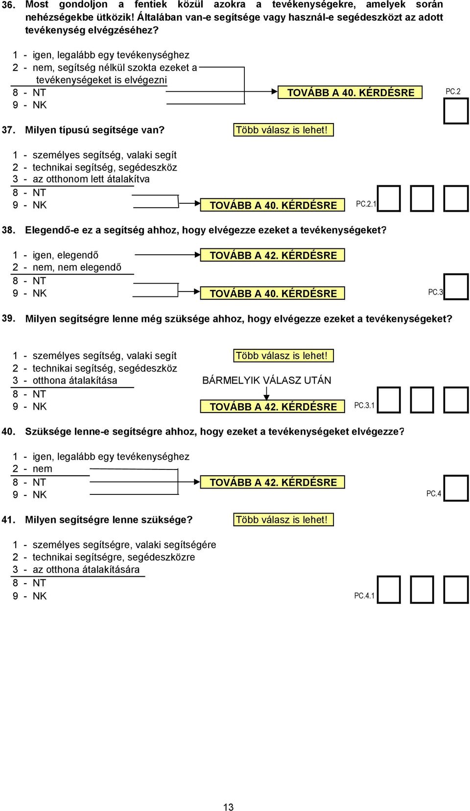 1 - személyes segítség, valaki segít 2 - technikai segítség, segédeszköz 3 - az otthonom lett átalakítva TOVÁBB A 40. KÉRDÉSRE PC.2.1 38.