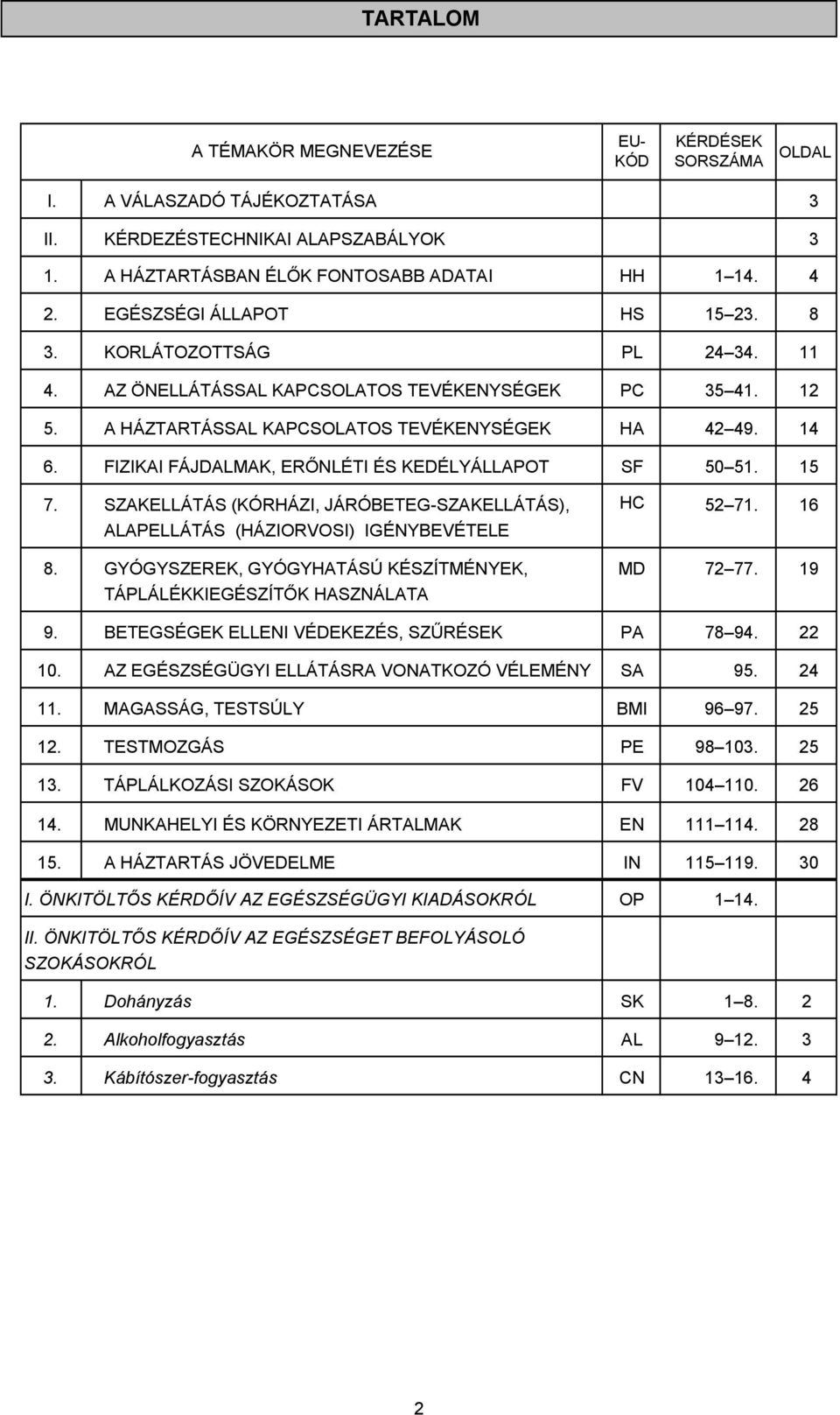 FIZIKAI FÁJDALMAK, ERŐNLÉTI ÉS KEDÉLYÁLLAPOT SF 50 51. 15 7. SZAKELLÁTÁS (KÓRHÁZI, JÁRÓBETEG-SZAKELLÁTÁS), ALAPELLÁTÁS (HÁZIORVOSI) IGÉNYBEVÉTELE HC 52 71. 16 8.