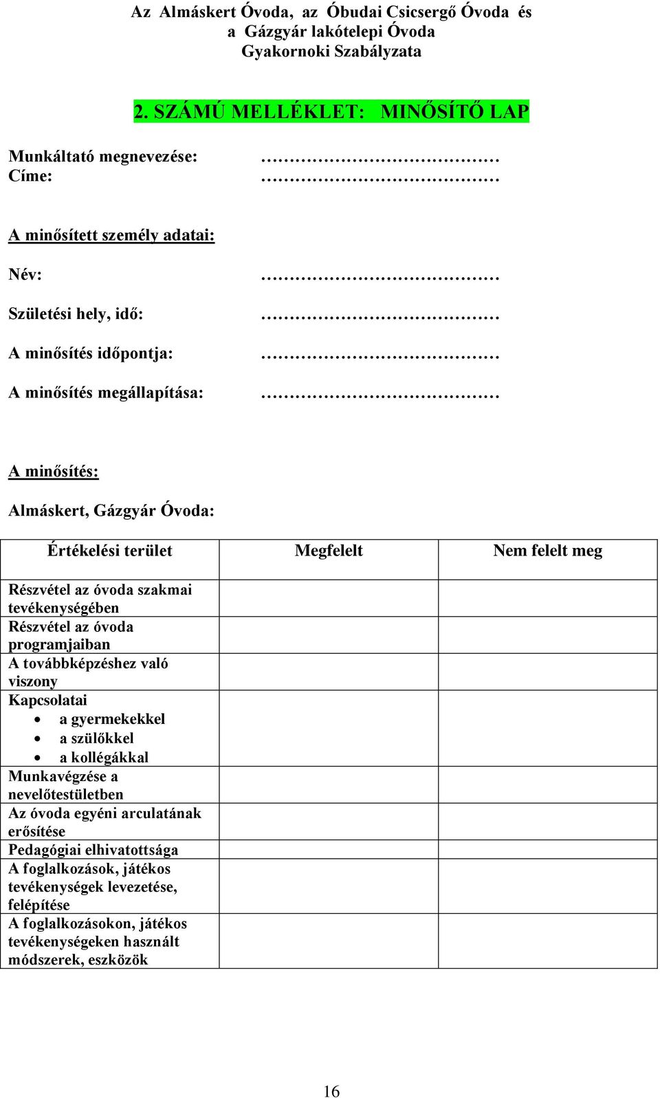 programjaiban A továbbképzéshez való viszony Kapcsolatai a gyermekekkel a szülőkkel a kollégákkal Munkavégzése a nevelőtestületben Az óvoda egyéni arculatának