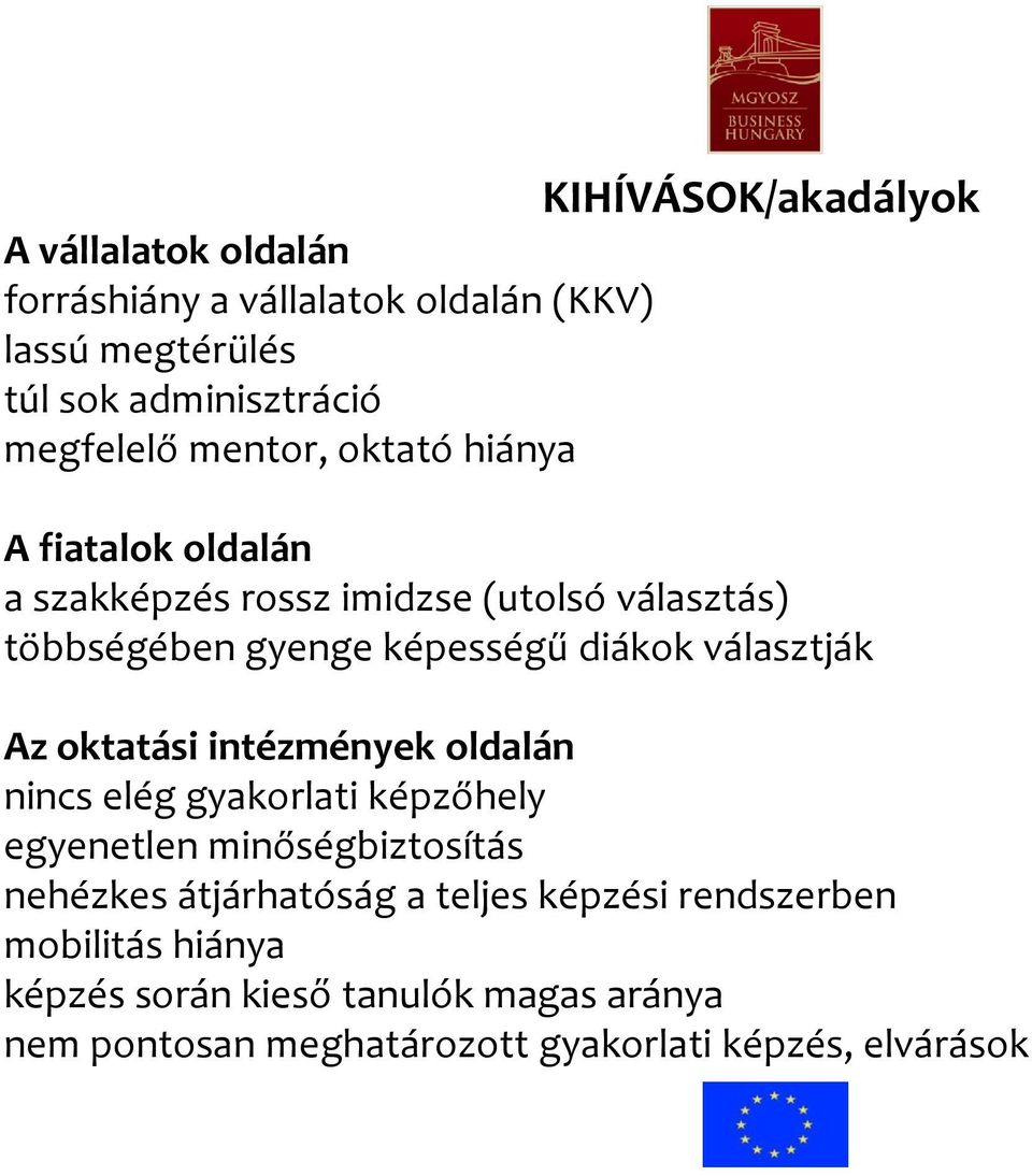 választják Az oktatási intézmények oldalán nincs elég gyakorlati képzőhely egyenetlen minőségbiztosítás nehézkes átjárhatóság a