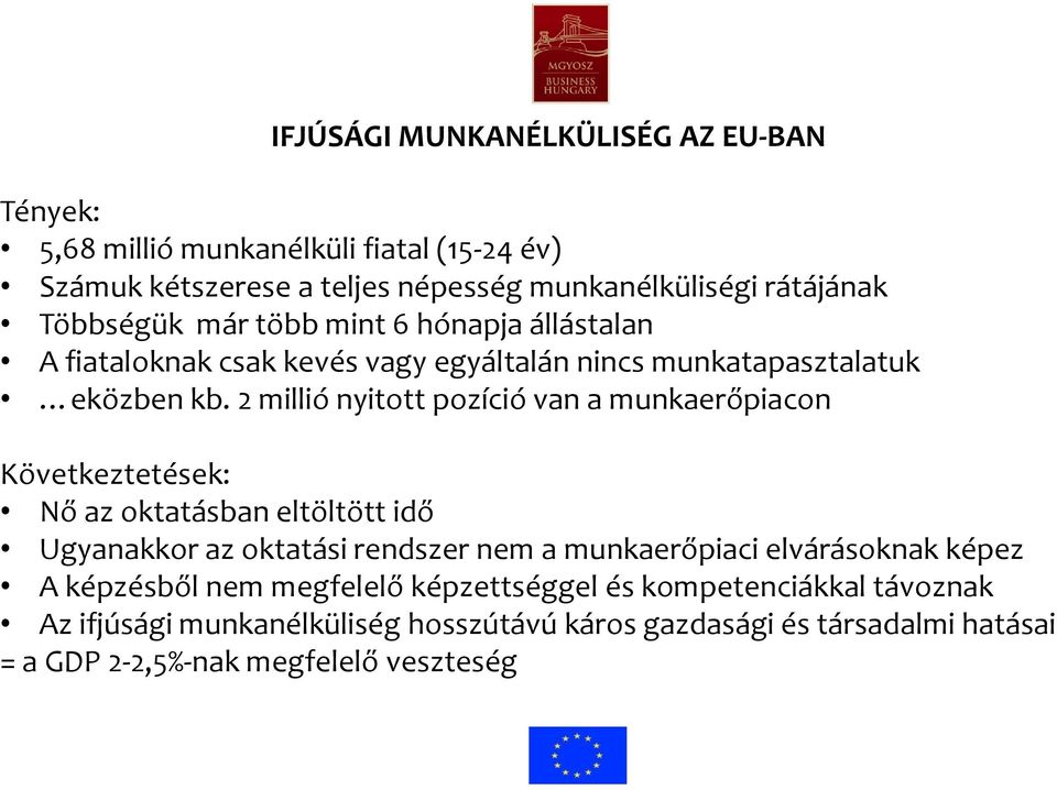 2 millió nyitott pozíció van a munkaerőpiacon Következtetések: Nő az oktatásban eltöltött idő Ugyanakkor az oktatási rendszer nem a munkaerőpiaci