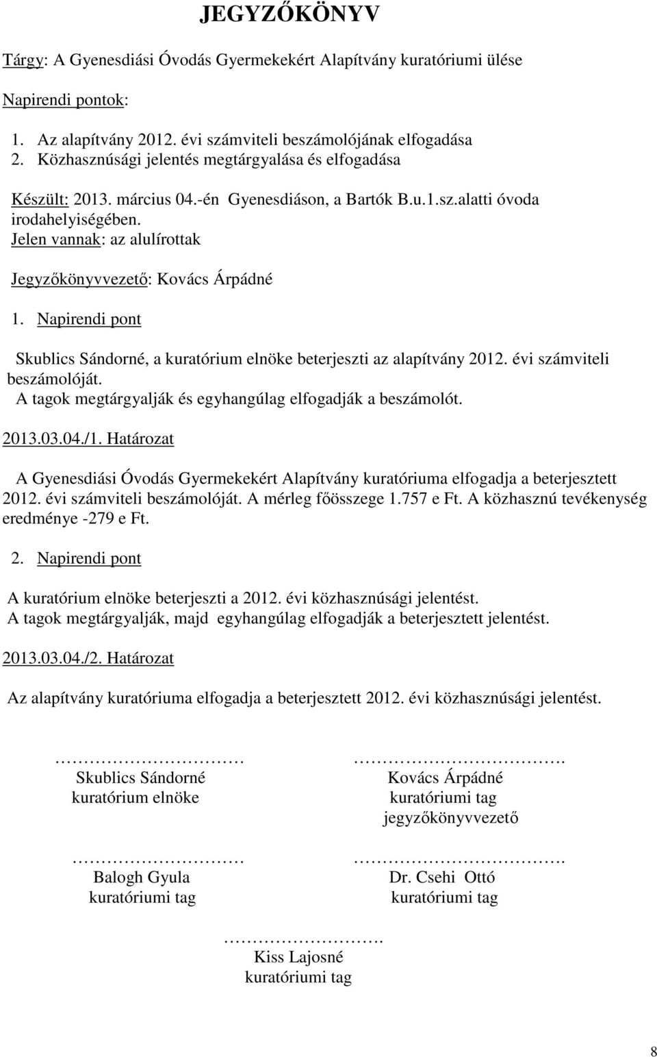 Jelen vannak: az alulírottak Jegyzőkönyvvezető: Kovács Árpádné 1. Napirendi pont Skublics Sándorné, a kuratórium elnöke beterjeszti az alapítvány 2012. évi számviteli beszámolóját.