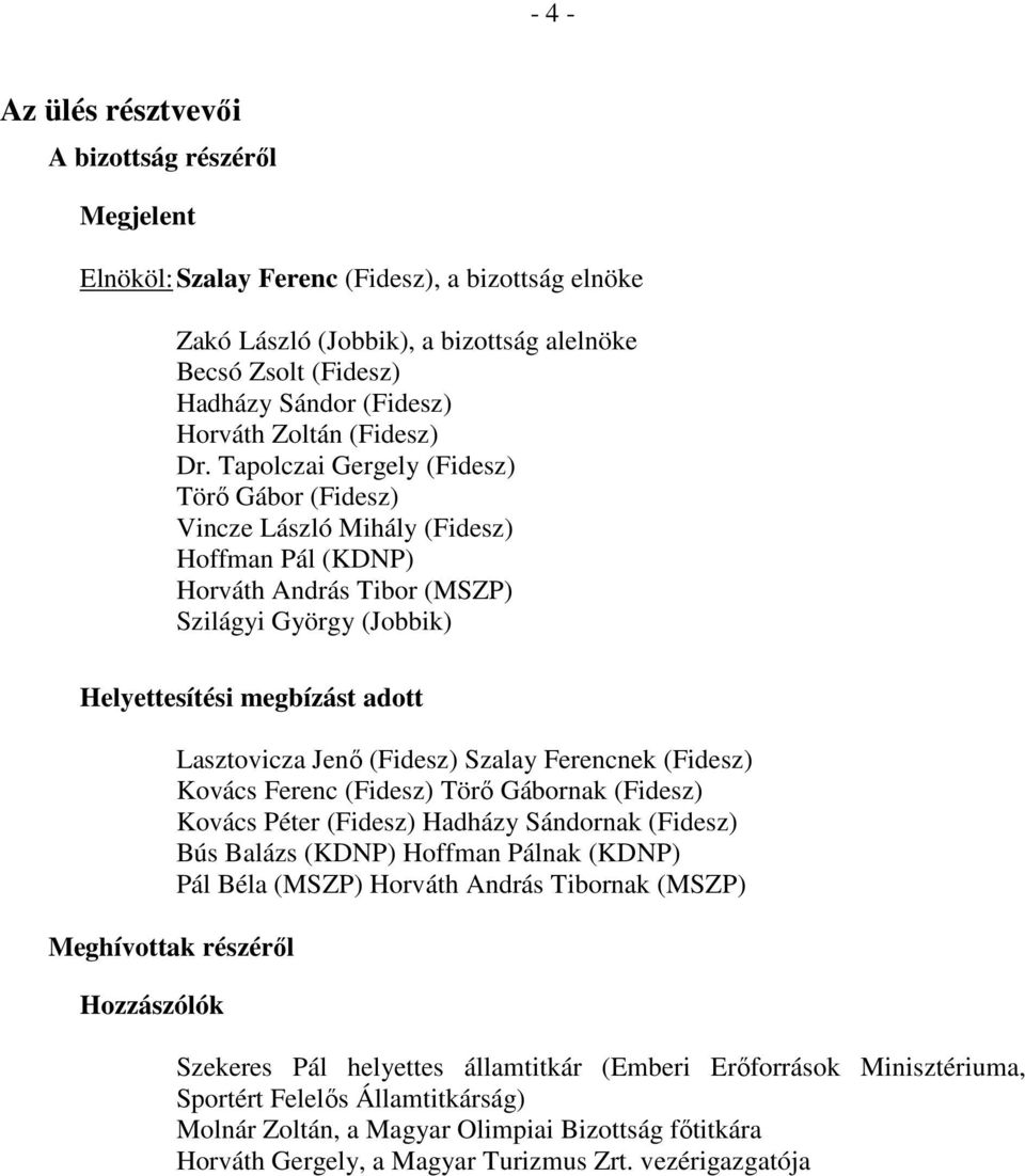 Tapolczai Gergely (Fidesz) Törő Gábor (Fidesz) Vincze László Mihály (Fidesz) Hoffman Pál (KDNP) Horváth András Tibor (MSZP) Szilágyi György (Jobbik) Helyettesítési megbízást adott Meghívottak