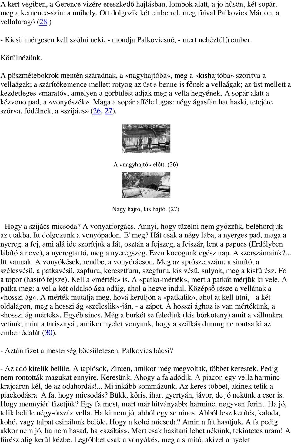 A pöszmétebokrok mentén száradnak, a «nagyhajtóba», meg a «kishajtóba» szoritva a vellaágak; a szárítókemence mellett rotyog az üst s benne is főnek a vellaágak; az üst mellett a kezdetleges