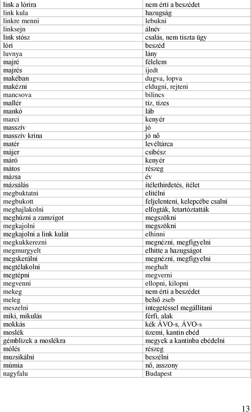 gémblizek a moslékra mólés muzsikálni múmia nagyfalu nem érti a beszédet hazugság lebukni álnév csalás, nem tiszta ügy beszéd lány félelem ijedt dugva, lopva eldugni, rejteni bilincs tíz, tízes láb