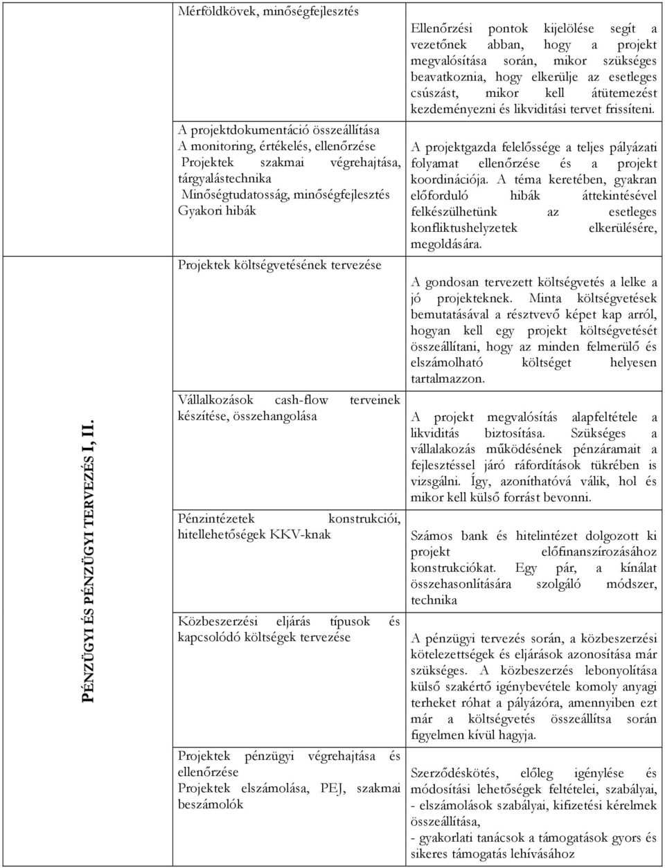 hibák Projektek költségvetésének tervezése Vállalkozások cash-flow terveinek készítése, összehangolása Pénzintézetek konstrukciói, hitellehetőségek KKV-knak Közbeszerzési eljárás típusok és