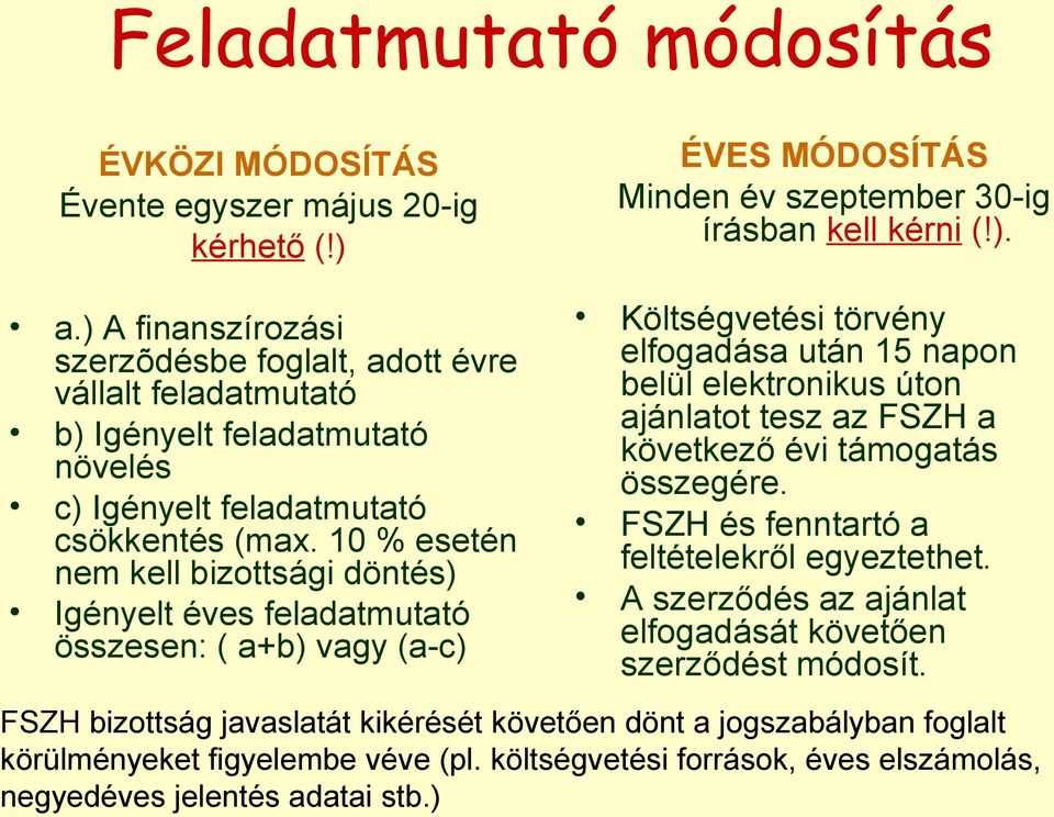 10 % esetén nem kell bizottsági döntés) Igényelt éves feladatmutató összesen: ( a+b) vagy (a-c) Költségvetési törvény elfogadása után 15 napon belül elektronikus úton ajánlatot tesz az FSZH a