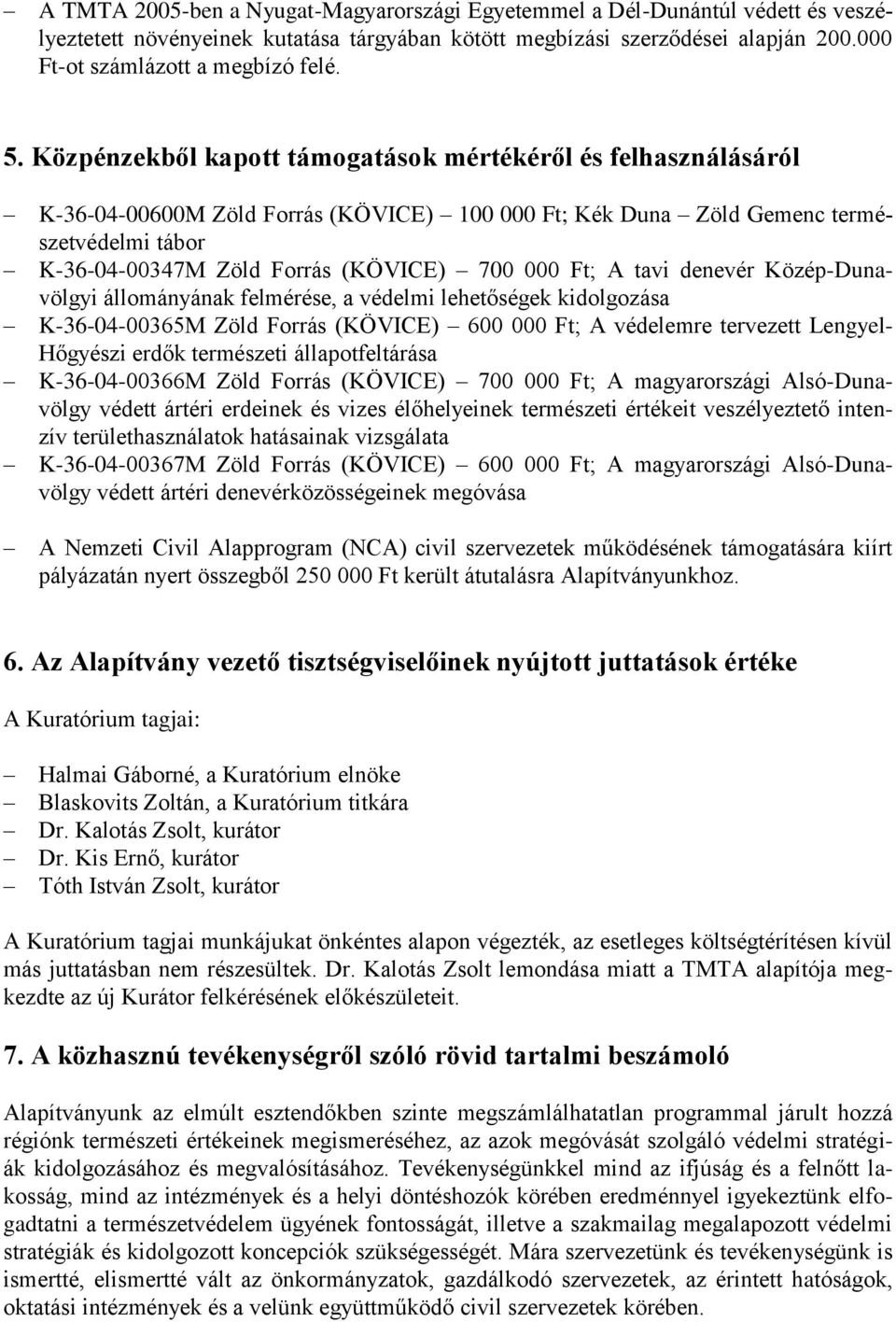 000 Ft; A tavi denevér Közép-Dunavölgyi állományának felmérése, a védelmi lehetőségek kidolgozása K-36-04-00365M Zöld Forrás (KÖVICE) 600 000 Ft; A védelemre tervezett Lengyel- Hőgyészi erdők