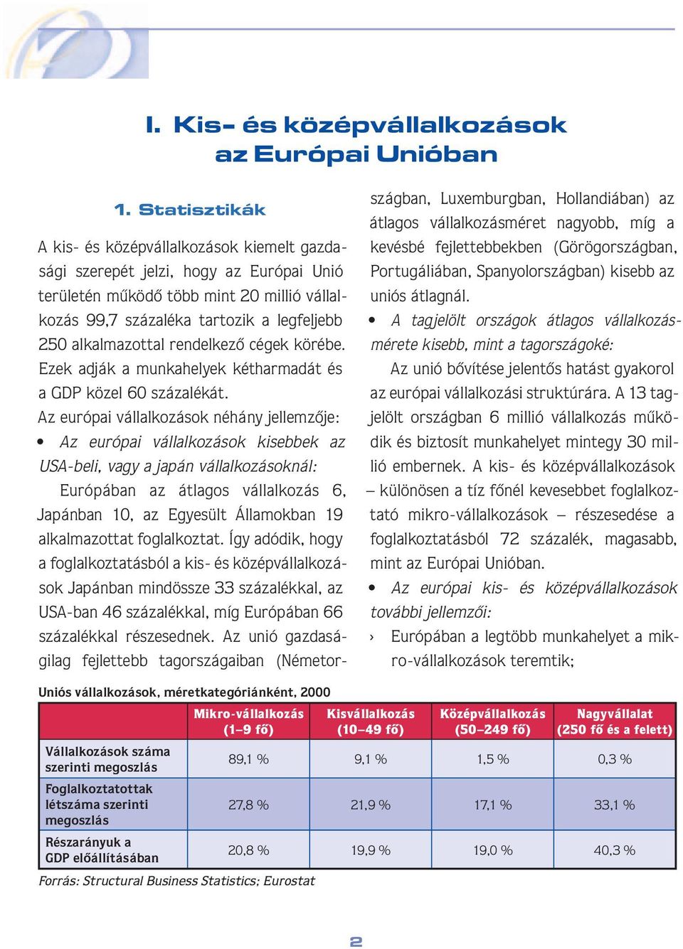 alkalmazottal rendelkezô cégek körébe. Ezek adják a munkahelyek kétharmadát és a GDP közel 60 százalékát.