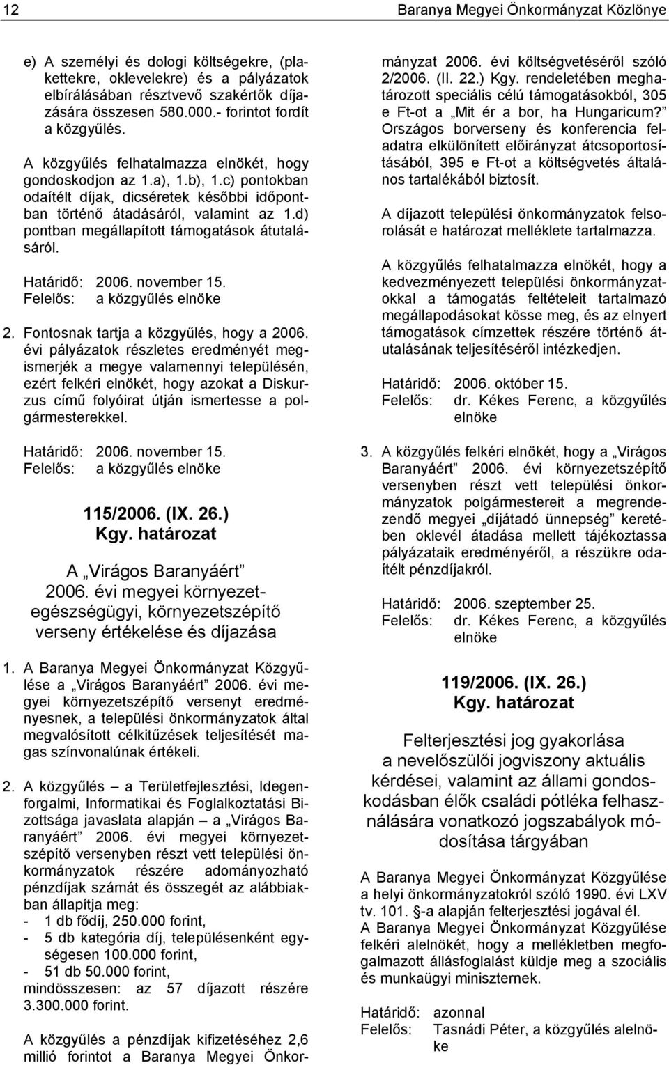 d) pontban megállapított támogatások átutalásáról. Határidő: 2006. november 15. Felelős: a közgyűlés elnöke 2. Fontosnak tartja a közgyűlés, hogy a 2006.