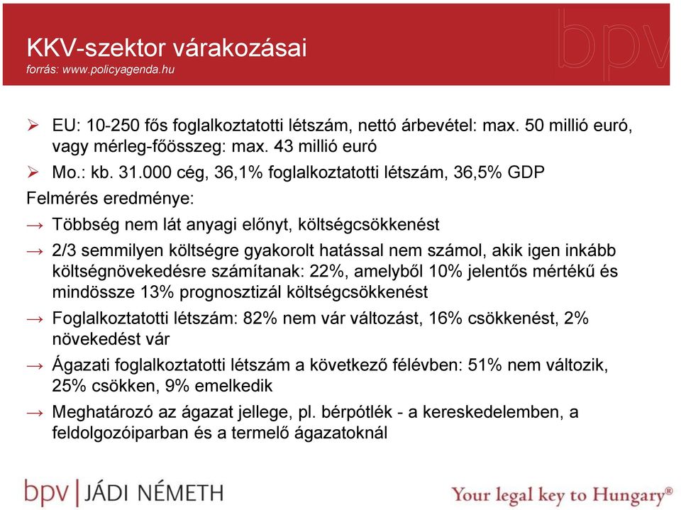 költségnövekedésre számítanak: 22%, amelyből 10% jelentős mértékű és mindössze 13% prognosztizál költségcsökkenést Foglalkoztatotti létszám: 82% nem vár változást, 16% csökkenést, 2% növekedést