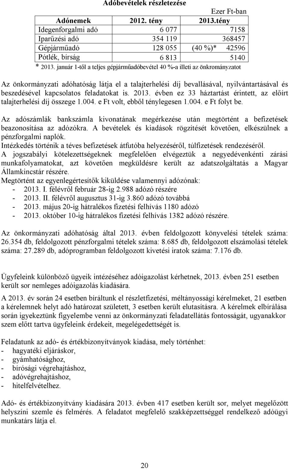 feladatokat is. 2013. évben ez 33 háztartást érintett, az előírt talajterhelési díj összege 1.004. e Ft volt, ebből ténylegesen 1.004. e Ft folyt be.