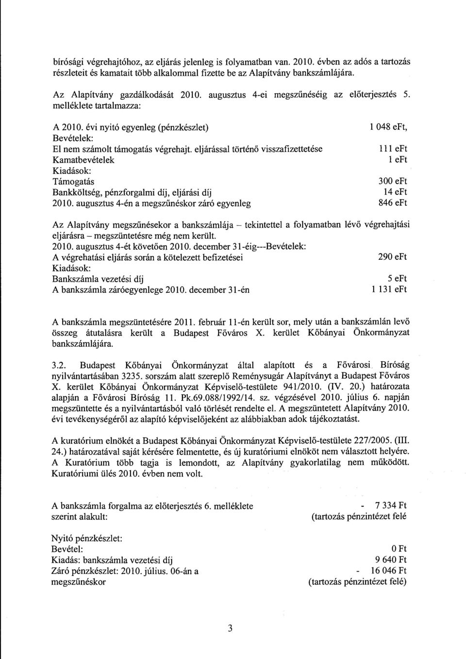 eljárással történő visszafizettetése Kamatbevételek Kiadások: Támogatás Bankköltség, pénzforgalmi díj, eljárási díj 20 l O.