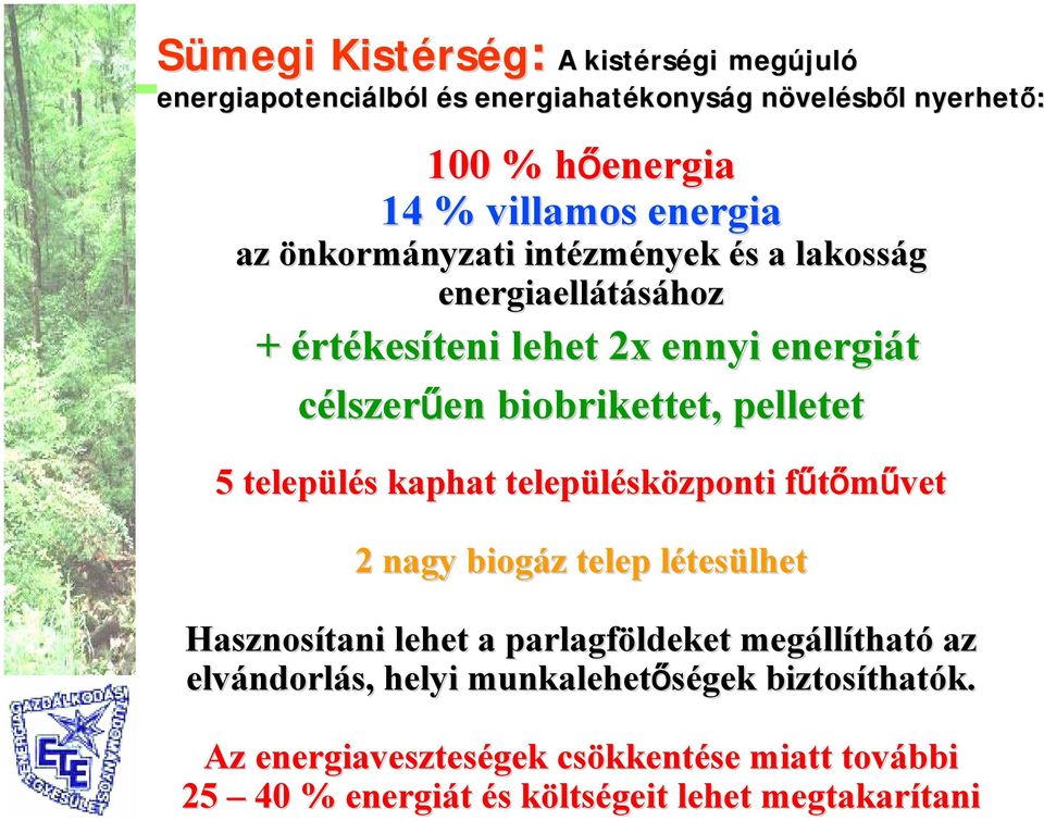 5 település s kaphat településk sközponti fűtőművetf 2 nagy biogáz z telep létesl tesülhet Hasznosítani lehet a parlagföldeket ldeket megáll llítható az elvándorl