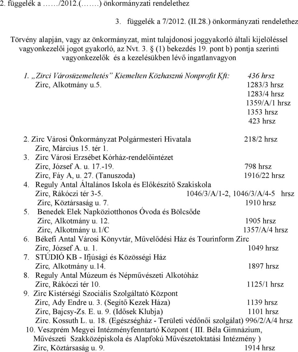 pont b) pontja szerinti vagyonkezelők és a kezelésükben lévő ingatlanvagyon 1. Zirci Városüzemeltetés Kiemelten Közhasznú Nonprofit Kft: 436 hrsz Zirc, Alkotmány u.5.