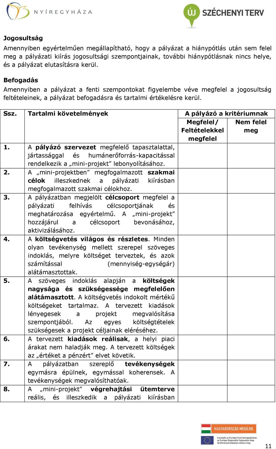 Tartalmi követelmények A pályázó a kritériumnak 1. A pályázó szervezet megfelelő tapasztalattal, jártassággal és humánerőforrás-kapacitással rendelkezik a mini-projekt lebonyolításához. 2.