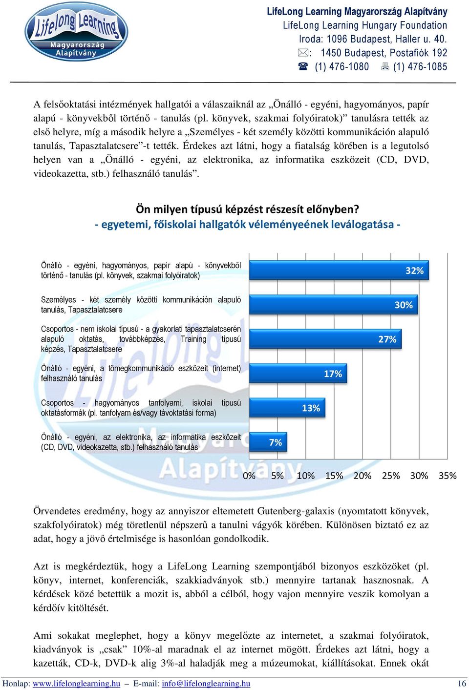 Érdekes azt látni, hogy a fiatalság körében is a legutolsó helyen van a Önálló - egyéni, az elektronika, az informatika eszközeit (CD, DVD, videokazetta, stb.) felhasználó tanulás.