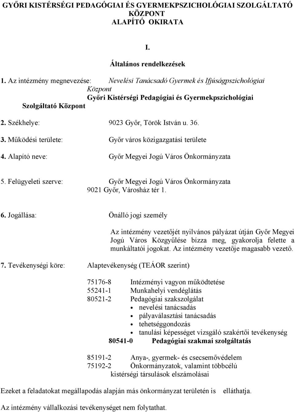 36. 3. Működési területe: Győr város közigazgatási területe 4. Alapító neve: Győr Megyei Jogú Város Önkormányzata 5. Felügyeleti szerve: Győr Megyei Jogú Város Önkormányzata 9021 Győr, Városház tér 1.