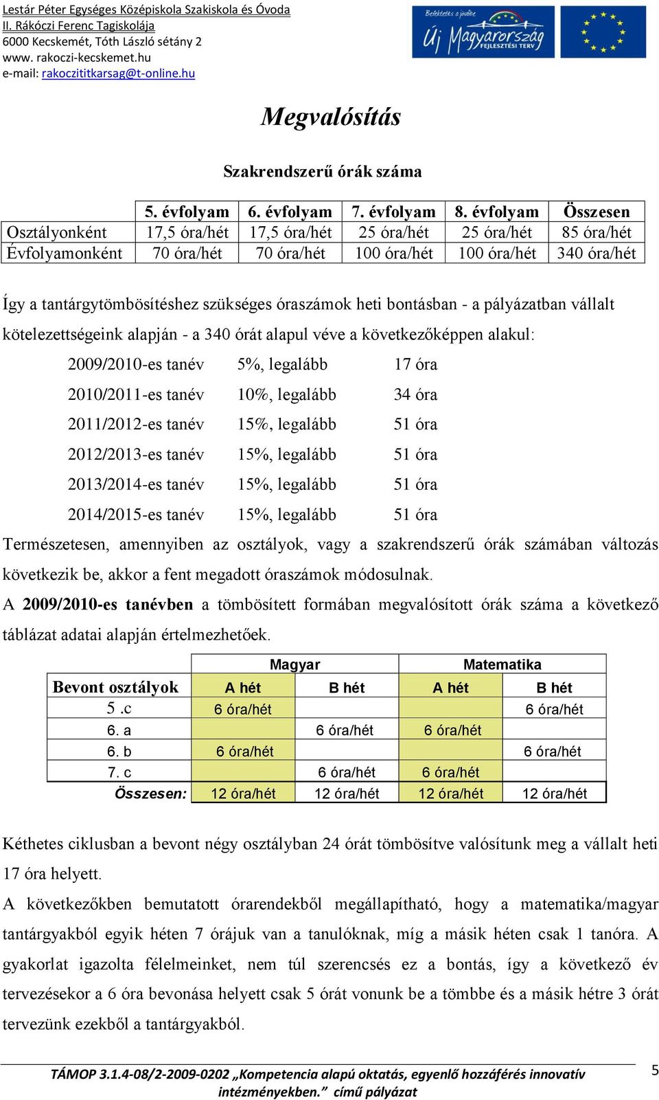 szükséges óraszámok heti bontásban - a pályázatban vállalt kötelezettségeink alapján - a 340 órát alapul véve a következőképpen alakul: 2009/2010-es tanév 5%, legalább 17 óra 2010/2011-es tanév 10%,