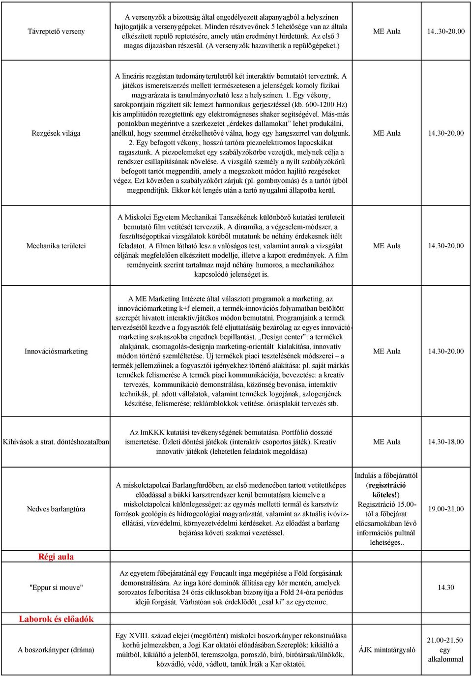 ) ME Aula 14..30-20.00 Rezgések világa A lineáris rezgéstan tudományterületről két interaktív bemutatót tervezünk.