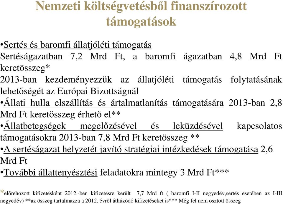 megelőzésével és leküzdésével kapcsolatos támogatásokra 2013-ban 7,8 Mrd Ft keretösszeg ** A sertéságazat helyzetét javító stratégiai intézkedések támogatása 2,6 Mrd Ft További állattenyésztési