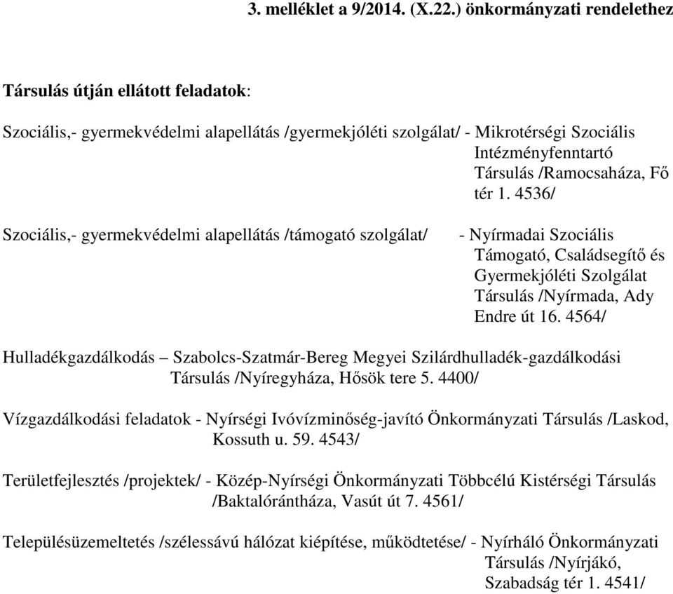 tér 1. 4536/ Szociális,- gyermekvédelmi alapellátás /támogató szolgálat/ - Nyírmadai Szociális Támogató, Családsegítő és Gyermekjóléti Szolgálat Társulás /Nyírmada, Ady Endre út 16.