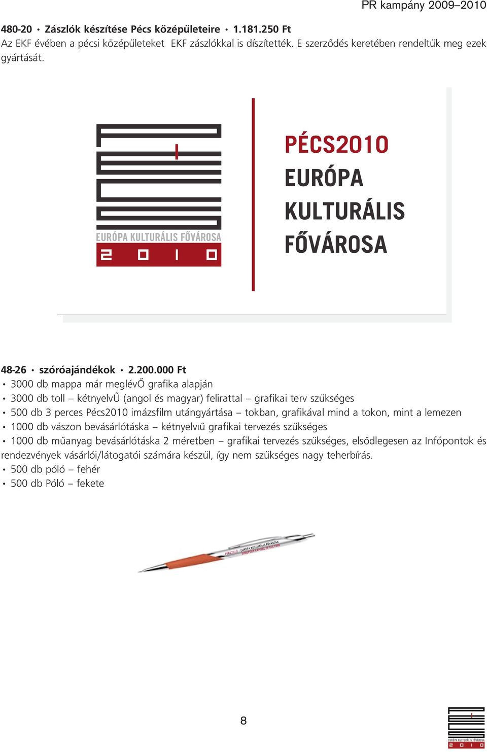 000 Ft 3000 db mappa már meglévô grafika alapján 3000 db toll kétnyelvû (angol és magyar) felirattal grafikai terv szükséges 500 db 3 perces Pécs2010 imázsfilm utángyártása