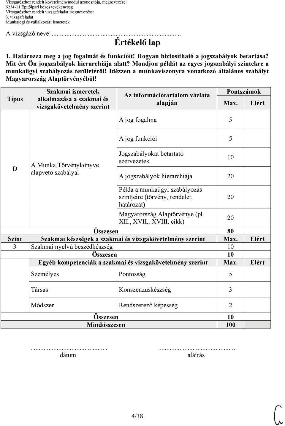 Típus Szakmai ismeretek alkalmazása a szakmai és vizsgakövetelmény szerint Az információtartalom vázlata alapján Pontszámok Max.