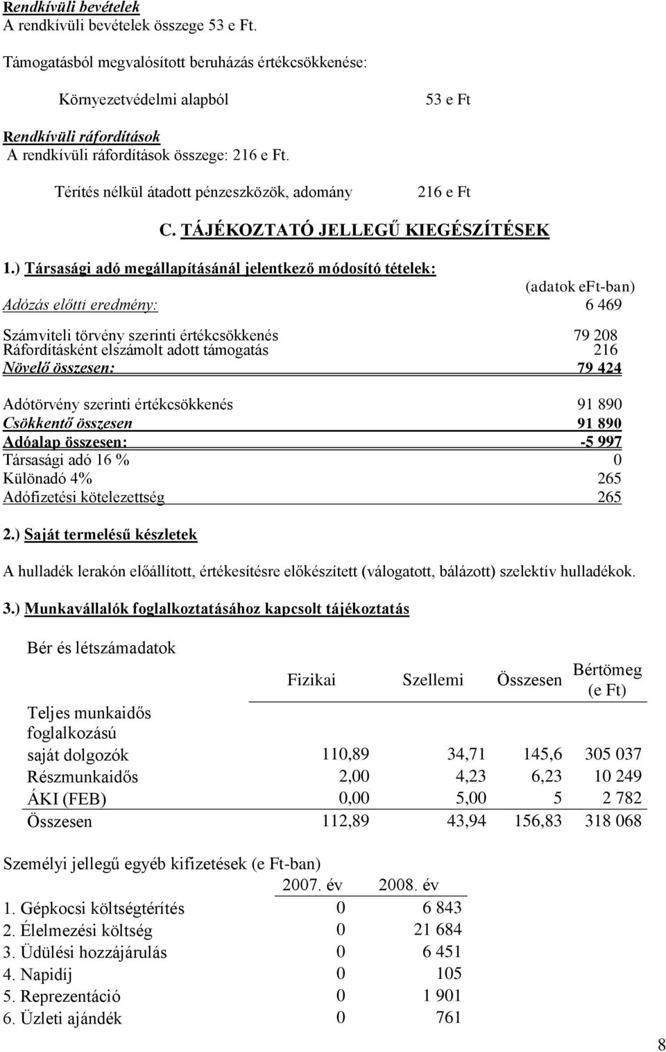 Térítés nélkül átadott pénzeszközök, adomány 216 e Ft C. TÁJÉKOZTATÓ JELLEGŰ KIEGÉSZÍTÉSEK 1.