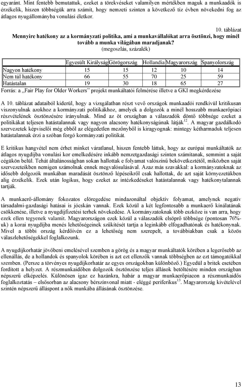 nyugállományba vonulási életkor. 10. táblázat Mennyire hatékony az a kormányzati politika, ami a munkavállalókat arra ösztönzi, hogy minél tovább a munka világában maradjanak?