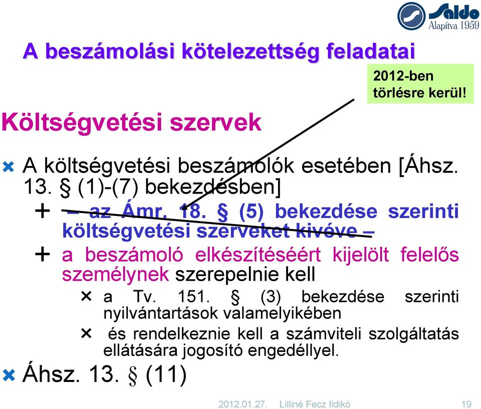 (5) bekezdése szerinti költségvetési szerveket kivéve a beszámoló elkészítéséért kijelölt felelős személynek szerepelnie