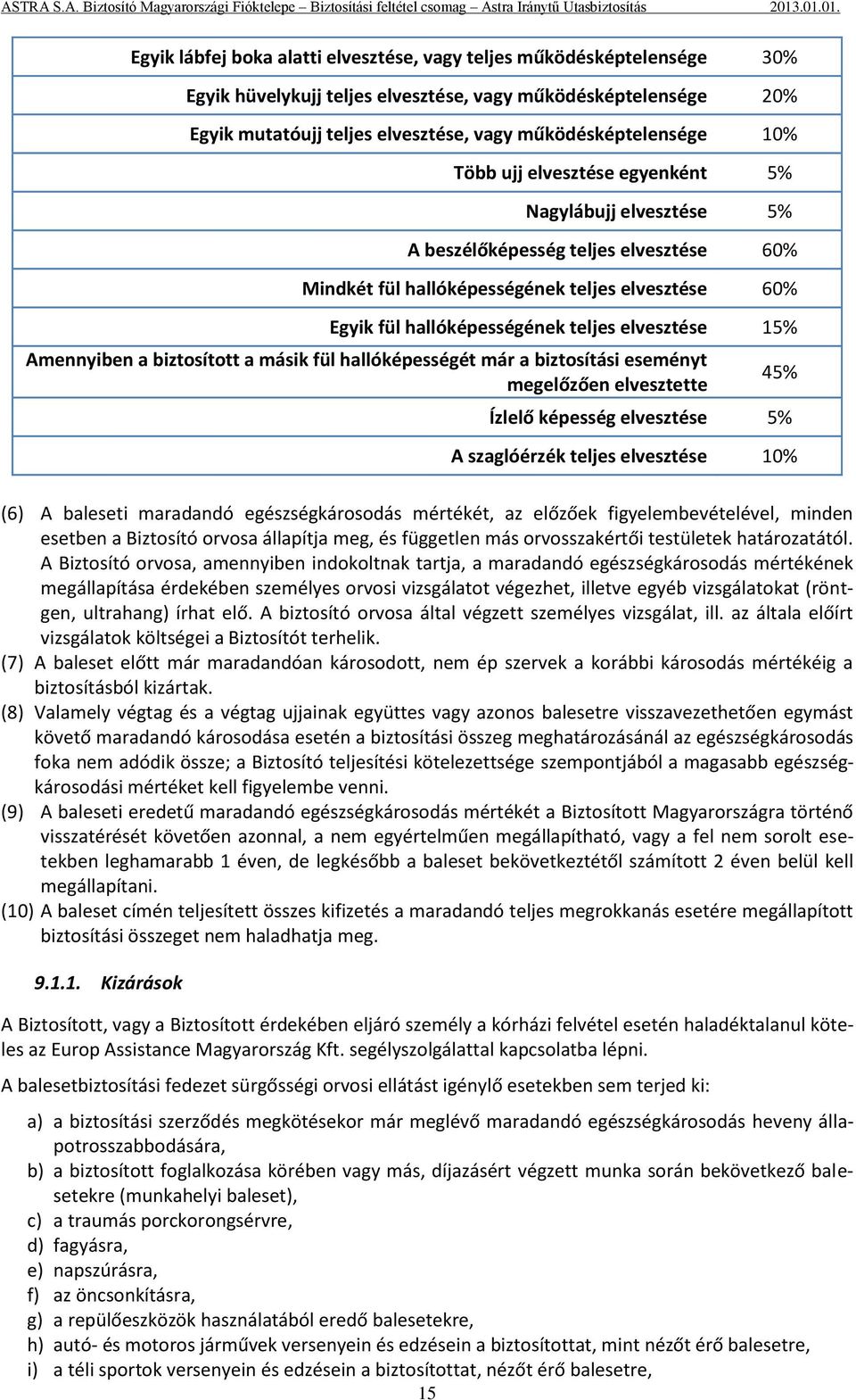 15% Amennyiben a biztosított a másik fül hallóképességét már a biztosítási eseményt megelőzően elvesztette a) a biztosítási szerződés megkötésekor már meglévő maradandó egészségkárosodás heveny