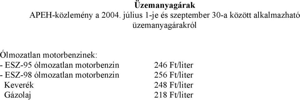 üzemanyagárakról Ólmozatlan motorbenzinek: - ESZ-95 ólmozatlan