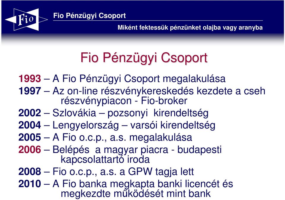 kirendeltség 2005 A Fio o.c.p., a.s. megalakulása 2006 Belépés a magyar piacra - budapesti kapcsolattartó iroda 2008 Fio o.