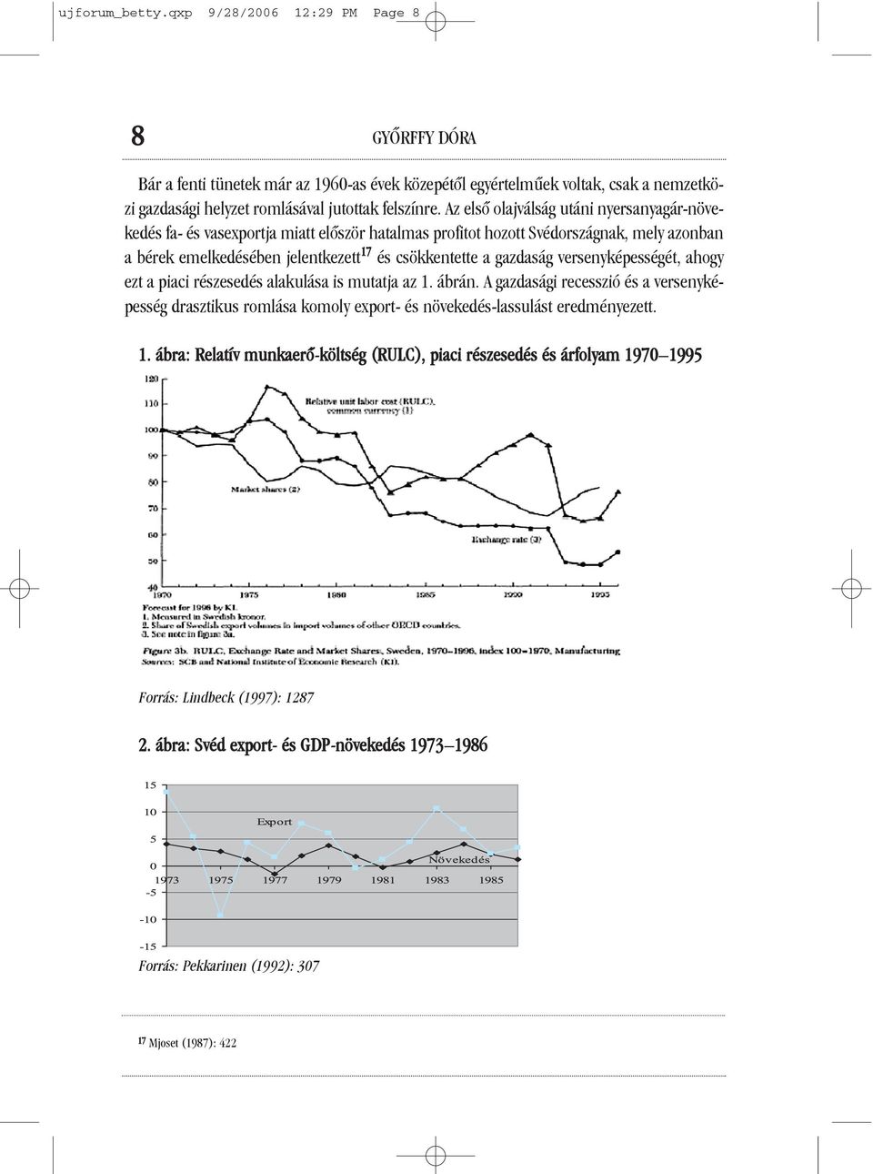 versenyképességét, ahogy ezt a piaci részesedés alakulása is mutatja az 1. ábrán. A gazdasági recesszió és a versenyképesség drasztikus romlása komoly export- és növekedés-lassulást eredményezett. 1. ábra: Relatív munkaerõ-költség (RULC), piaci részesedés és árfolyam 1970 1995 Forrás: Lindbeck (1997): 1287 2.