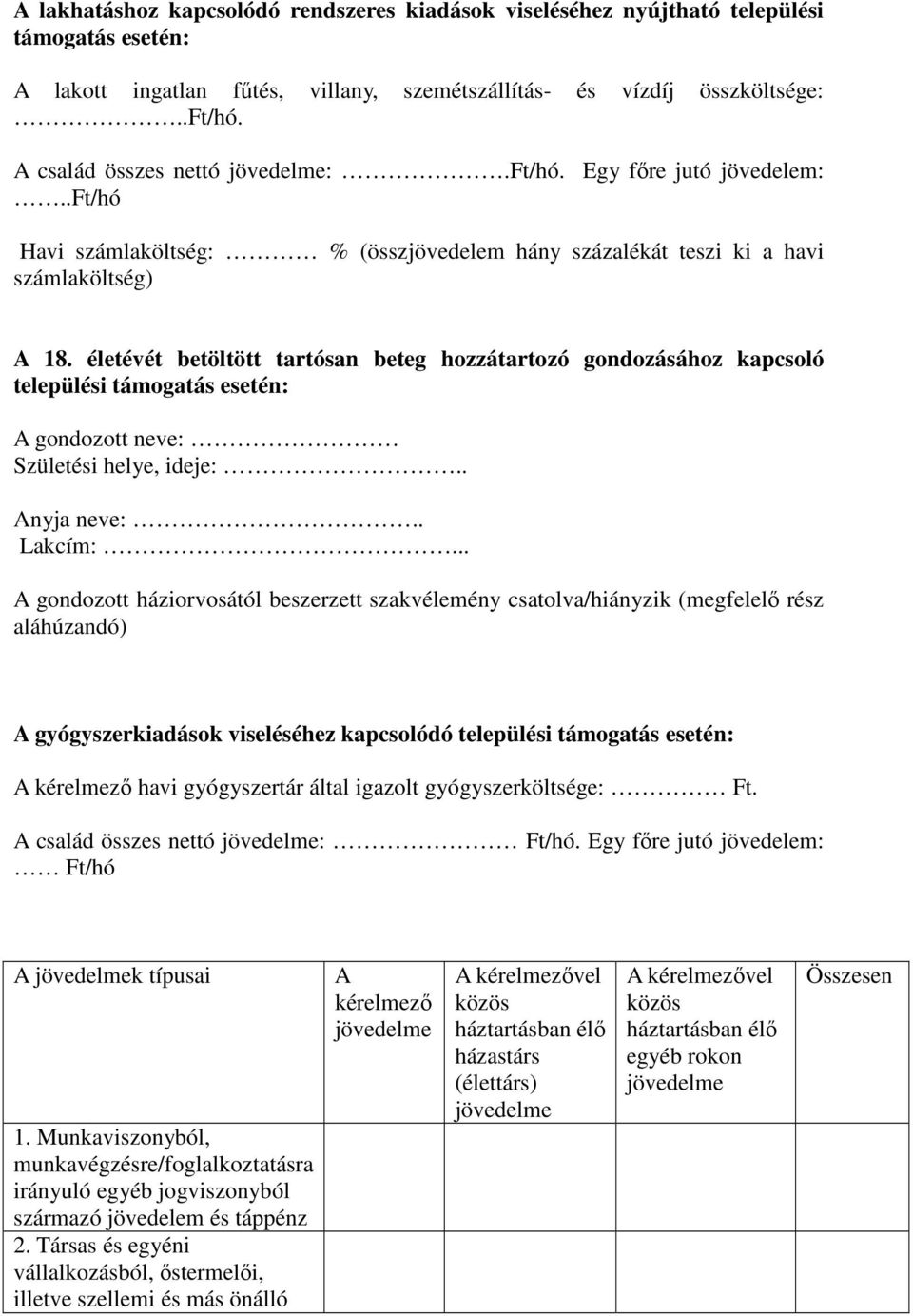 életévét betöltött tartósan beteg hozzátartozó gondozásához kapcsoló települési támogatás esetén: A gondozott neve: Születési helye, ideje:.. Anyja neve:.. Lakcím:.