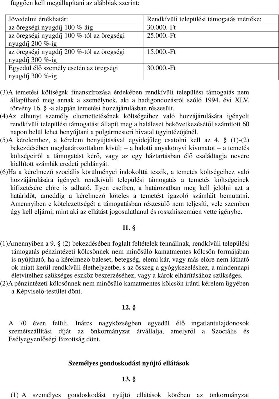 -Ft 25.000.-Ft 15.000.-Ft 30.000.-Ft (3)A temetési költségek finanszírozása érdekében rendkívüli települési támogatás nem állapítható meg annak a személynek, aki a hadigondozásról szóló 1994. évi XLV.