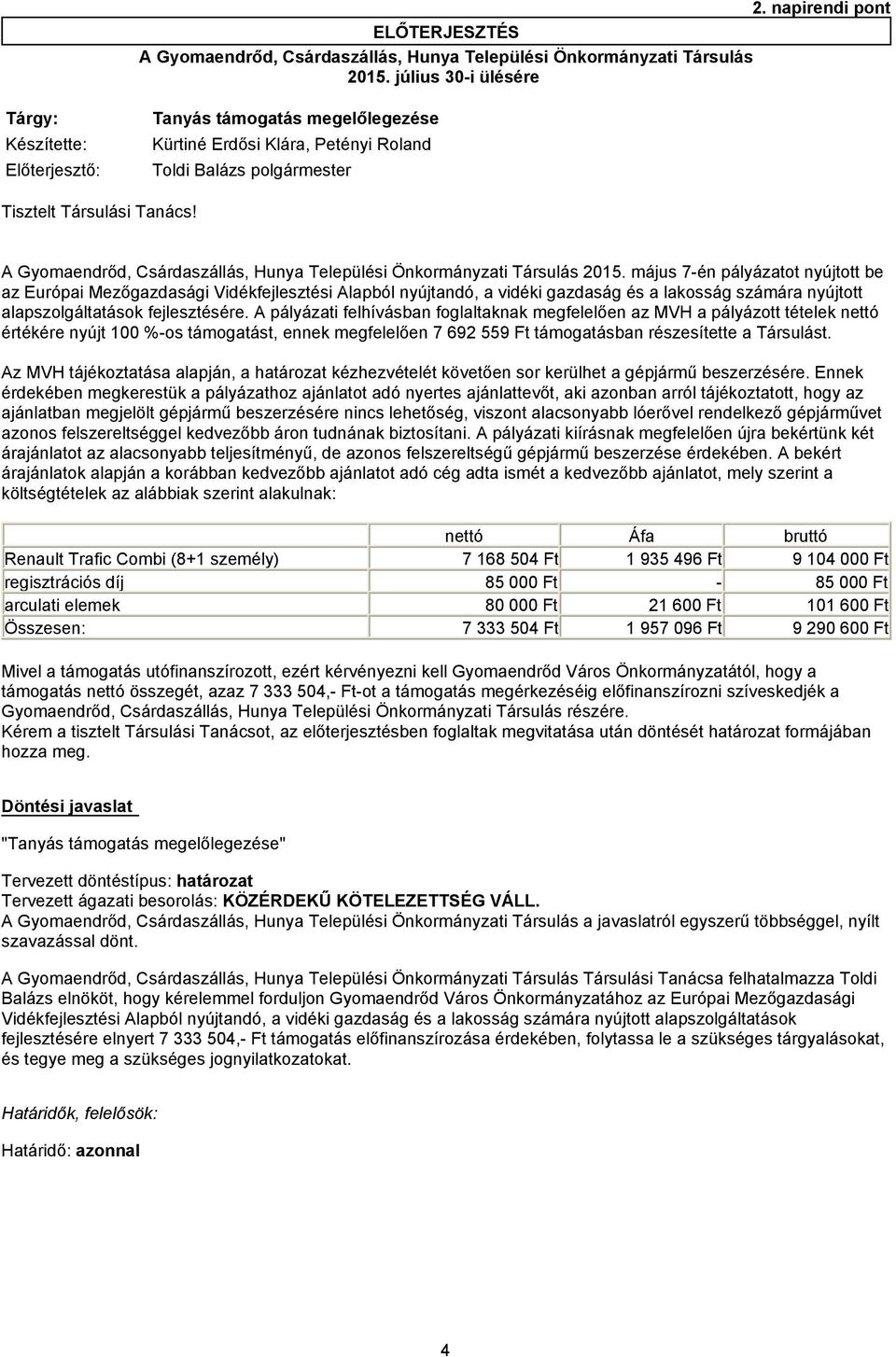 Toldi Balázs polgármester A Gyomaendrőd, Csárdaszállás, Hunya Települési Önkormányzati Társulás 2015.