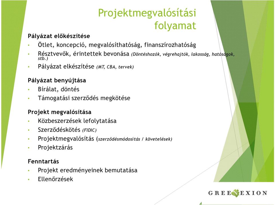 ) Pályázat elkészítése (MT, CBA, tervek) Pályázat benyújtása Bírálat, döntés Támogatási szerződés megkötése Projekt