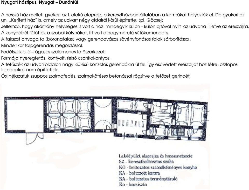 A konyhából fűtötték a szobai kályhákat, itt volt a nagyméretű sütőkemence is. A falazat anyaga fa (boronafalas) vagy gerendavázas sövényfonásos falak sárborítással.