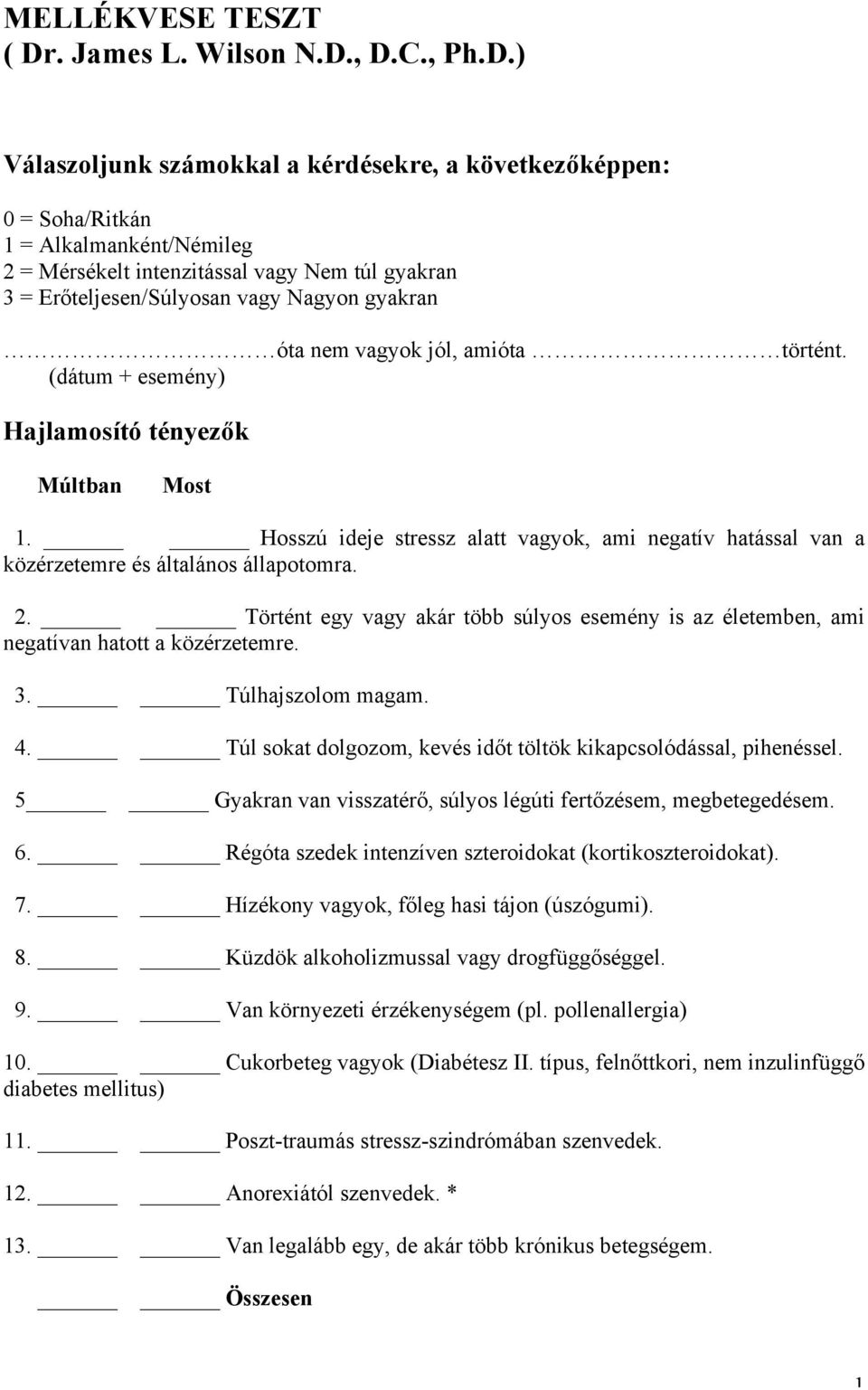 , D.C., Ph.D.) Válaszoljunk számokkal a kérdésekre, a következőképpen: 0 = Soha/Ritkán 1 = Alkalmanként/Némileg 2 = Mérsékelt intenzitással vagy Nem túl gyakran 3 = Erőteljesen/Súlyosan vagy Nagyon