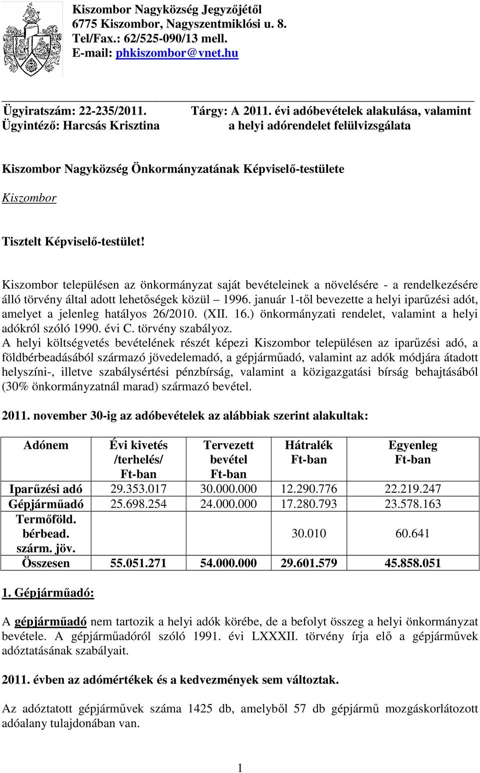 Kiszombor településen az önkormányzat saját bevételeinek a növelésére - a rendelkezésére álló törvény által adott lehetıségek közül 1996.