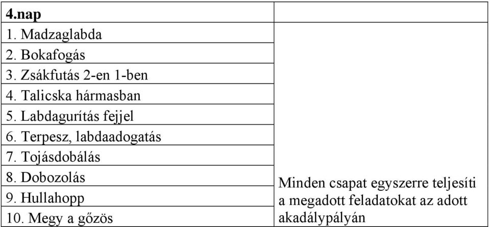 Terpesz, labdaadogatás 7. Tojásdobálás 8. Dobozolás 9.